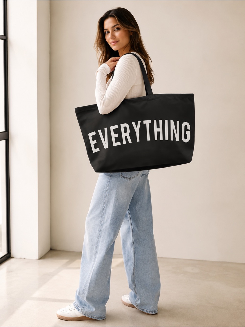 EVERYTHING Extra Large Tote Bag, Black with White Lettering
